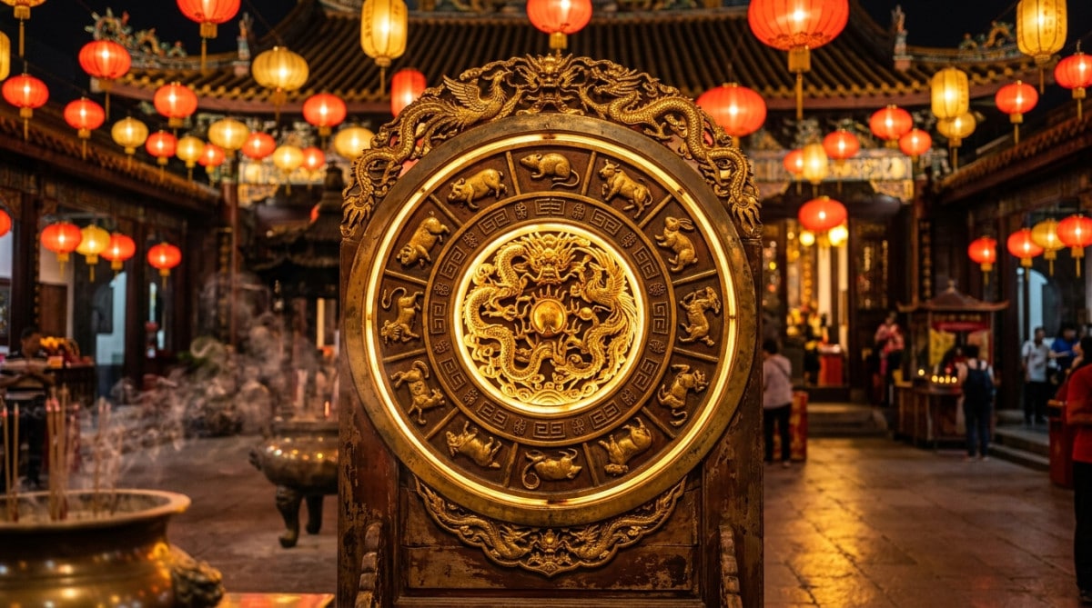 Femme souriante entourée d'une lumière dorée mystique et de symboles du zodiaque chinois