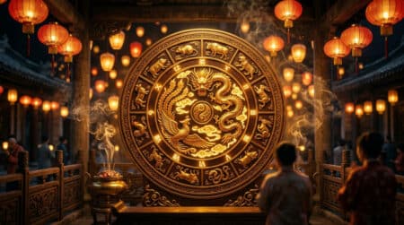 Femme souriante entourée d'une lumière dorée mystique pour illustrer l'horoscope chinois du jour