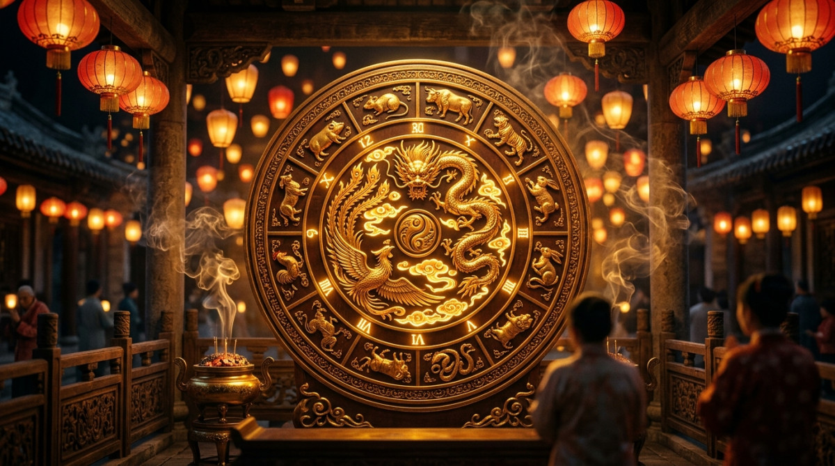 Femme souriante entourée d'une lumière dorée mystique pour illustrer l'horoscope chinois du jour
