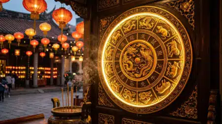 Femme souriante entourée d'une lumière dorée symbolisant l'énergie Bois-Yang de l'horoscope chinois