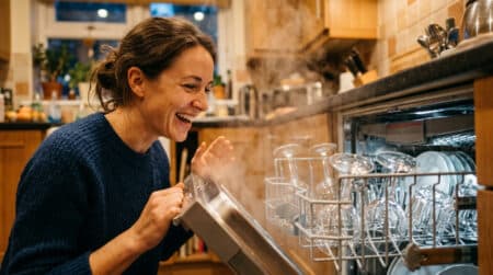 Femme souriante ouvrant son lave-vaisselle rempli de verres brillants