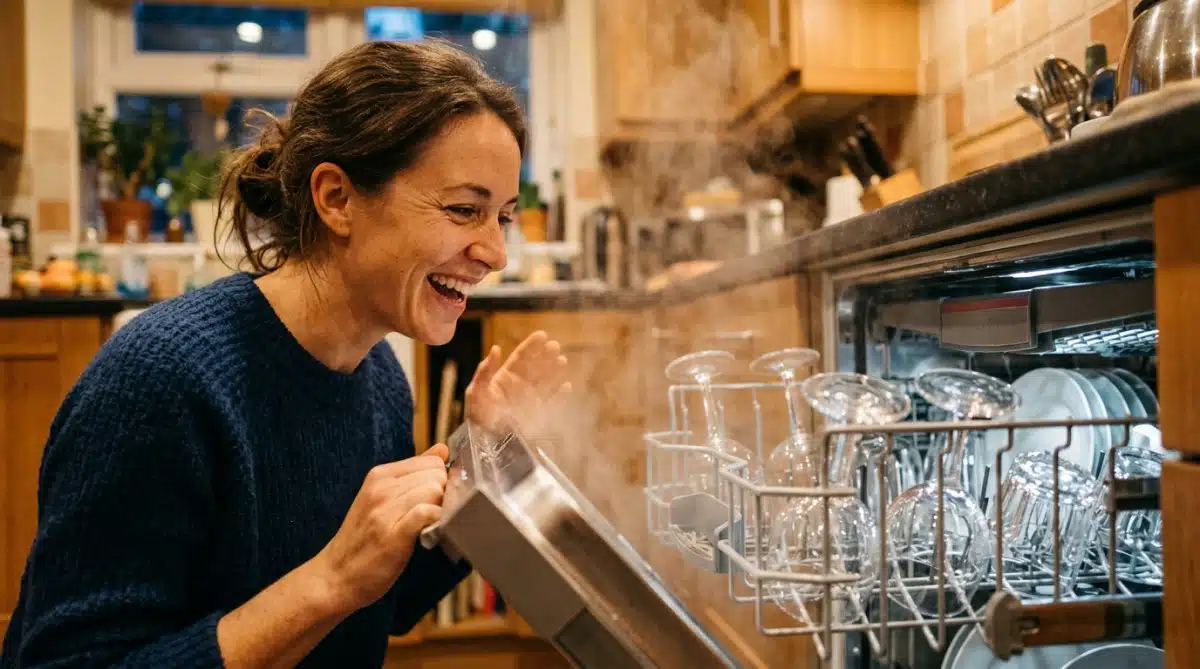Femme souriante ouvrant son lave-vaisselle rempli de verres brillants