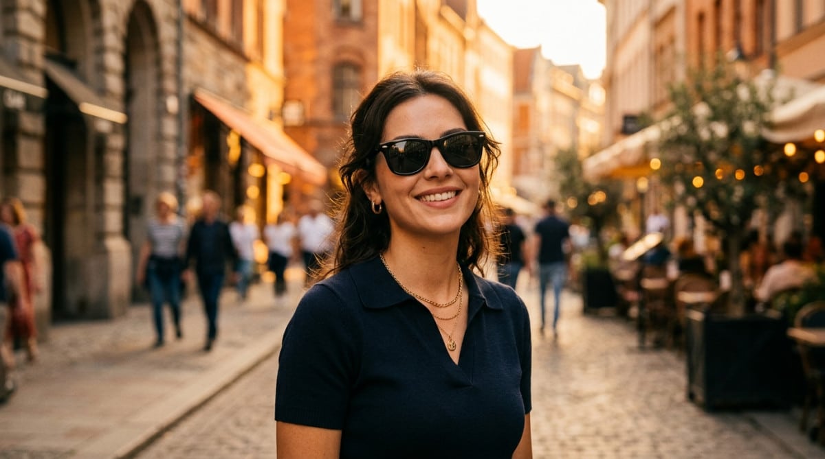 Femme souriante portant des lunettes de soleil Wayfarer noires