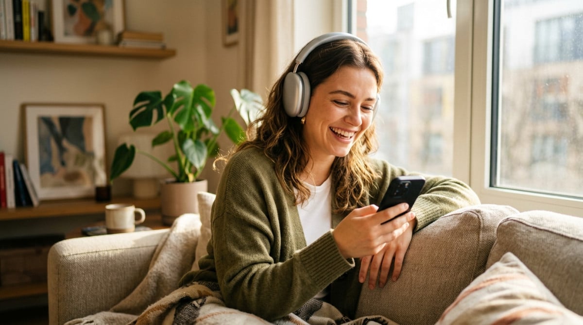 Femme souriante portant un casque audio haut de gamme argenté