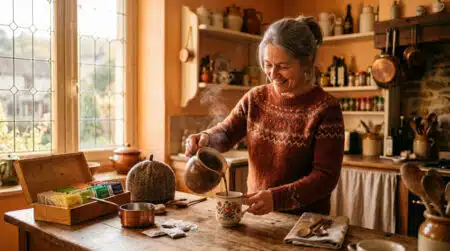 Femme souriante préparant un chocolat chaud dans une cuisine