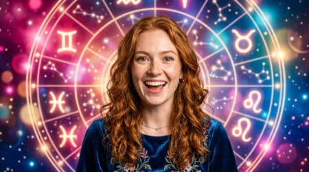 Femme souriante sous un ciel étoilé au coucher du soleil, ambiance mystique horoscope