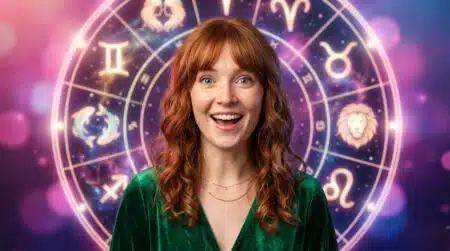 Femme souriante sous un ciel étoilé mystique aux couleurs chaudes pour l'horoscope du 23 juillet 2026
