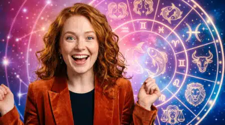 Femme souriante sous un ciel étoilé mystique symbolisant l'horoscope du jour