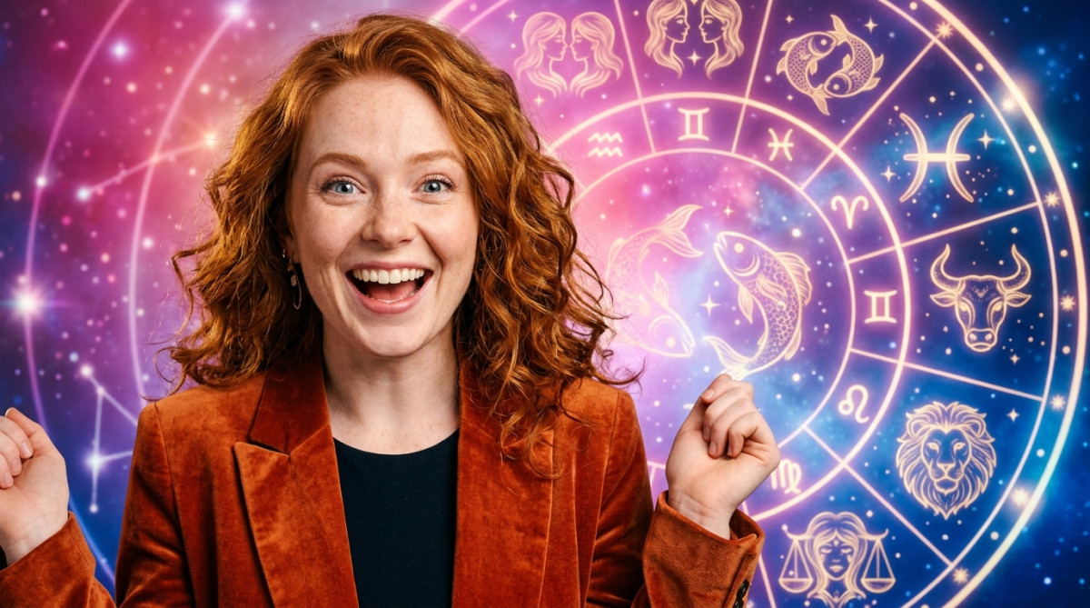 Femme souriante sous un ciel étoilé mystique symbolisant l'horoscope du jour