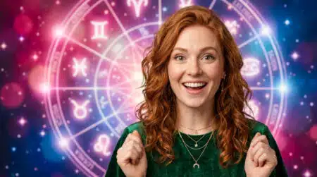 Femme souriante sous un ciel étoilé mystique symbolisant l'horoscope du 4 juillet 2026