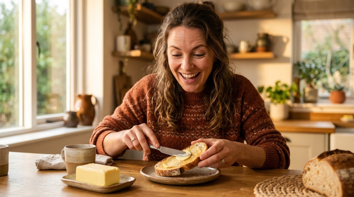 Femme souriante tartinant du beurre facilement sur une tartine
