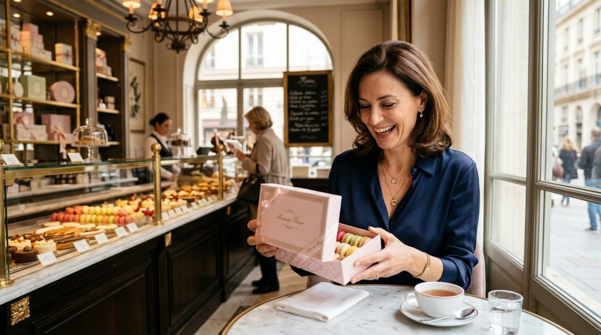 Femme souriante tenant une boîte de macarons de luxe