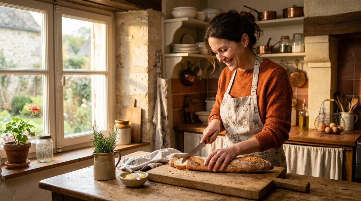 Femme souriante tranchant une baguette fraîche en cuisine