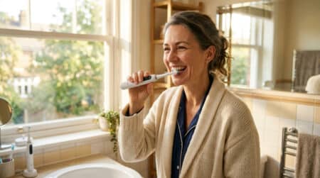 Femme souriante utilisant une brosse à dents électrique