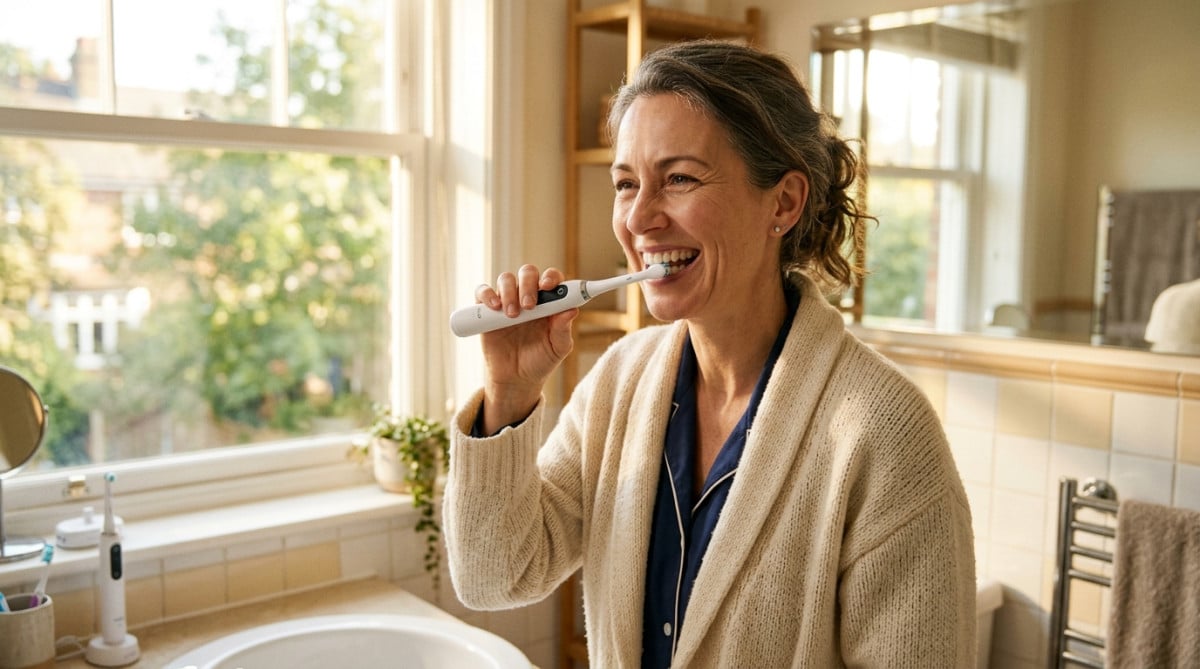 Femme souriante utilisant une brosse à dents électrique