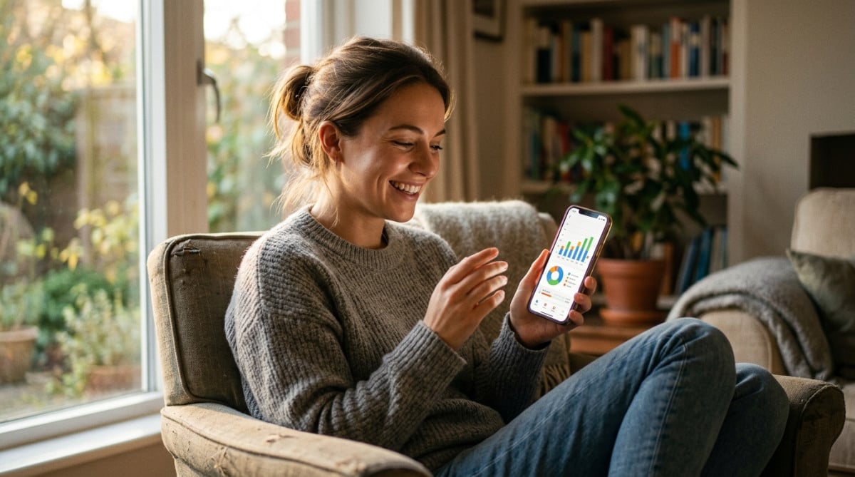 Femme souriante vérifiant sa consommation data sur smartphone