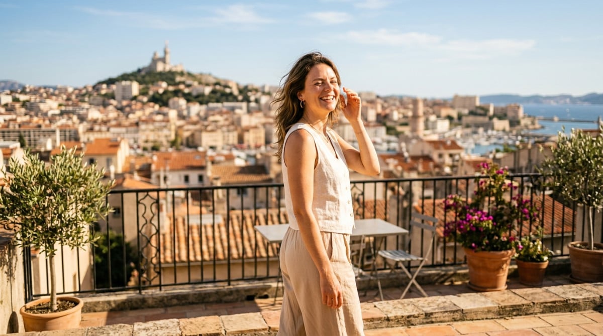 Femme sur une terrasse ensoleillée à Marseille en été