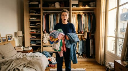 Femme surprise devant un placard rempli de vêtements