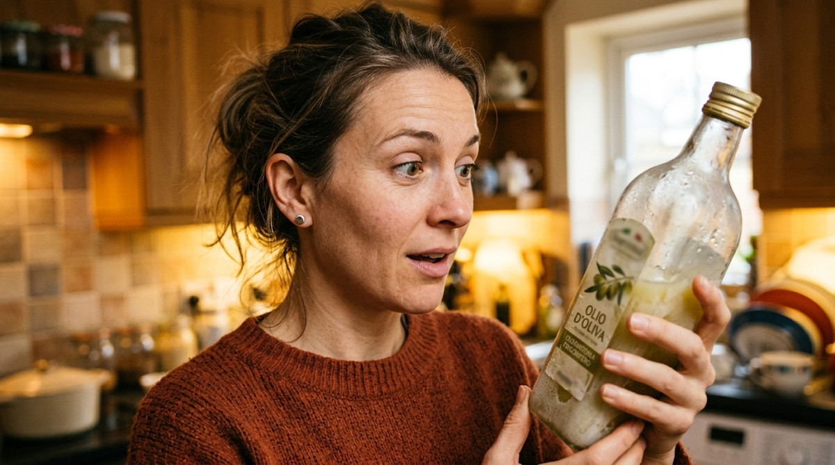 Femme surprise devant une bouteille d'huile d'olive figée