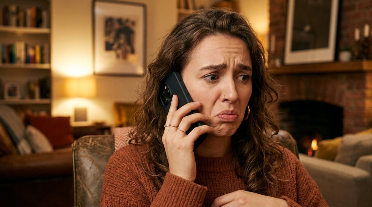 Femme surprise en écoutant un message vocal