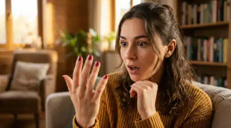 Femme surprise en observant la pousse de ses ongles