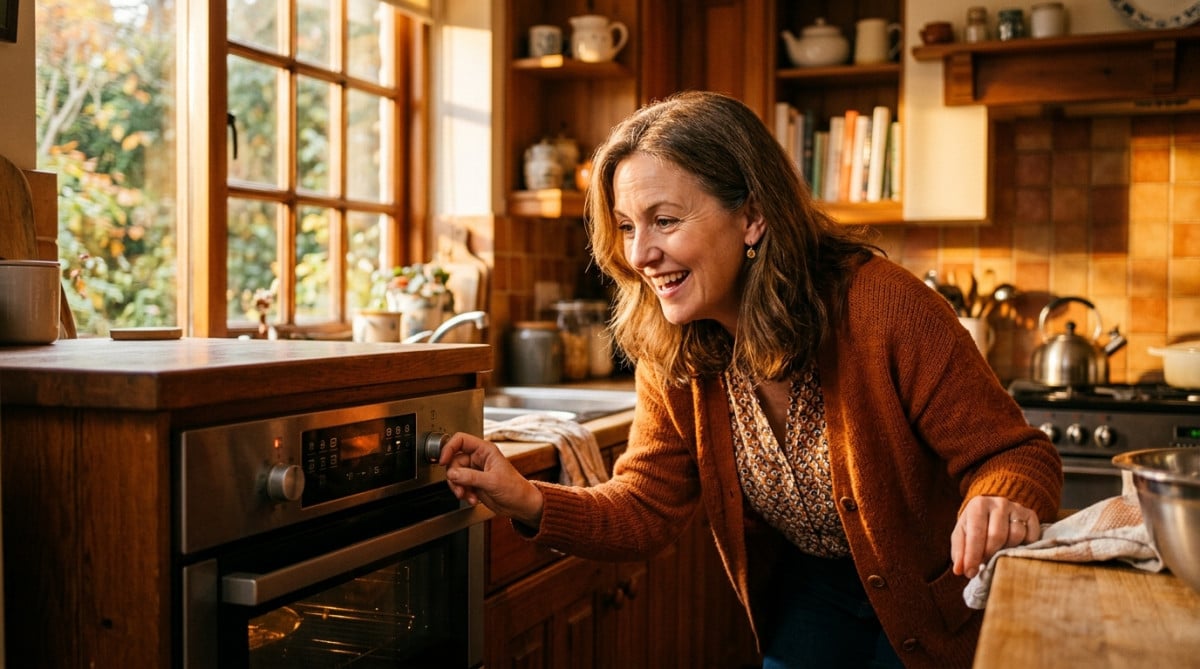 Femme surprise en réglant le four dans sa cuisine