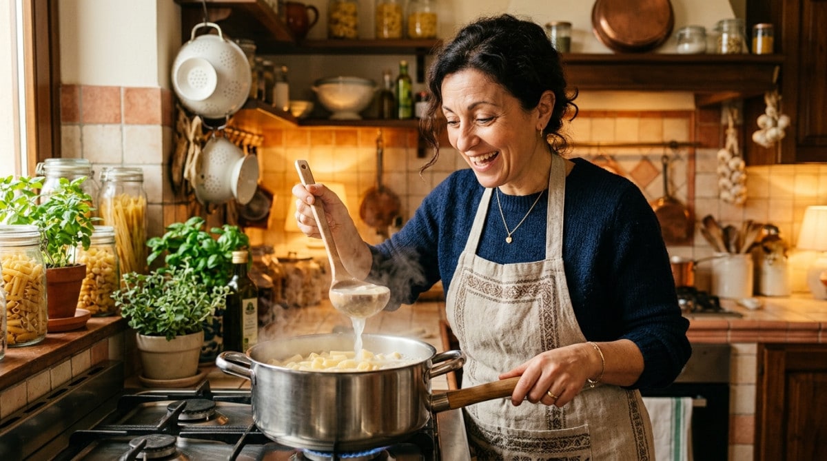 Femme surprise tenant une louche d'eau de cuisson des pâtes