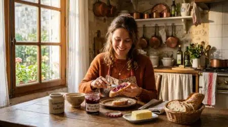 Femme tartinant de la confiture au petit-déjeuner