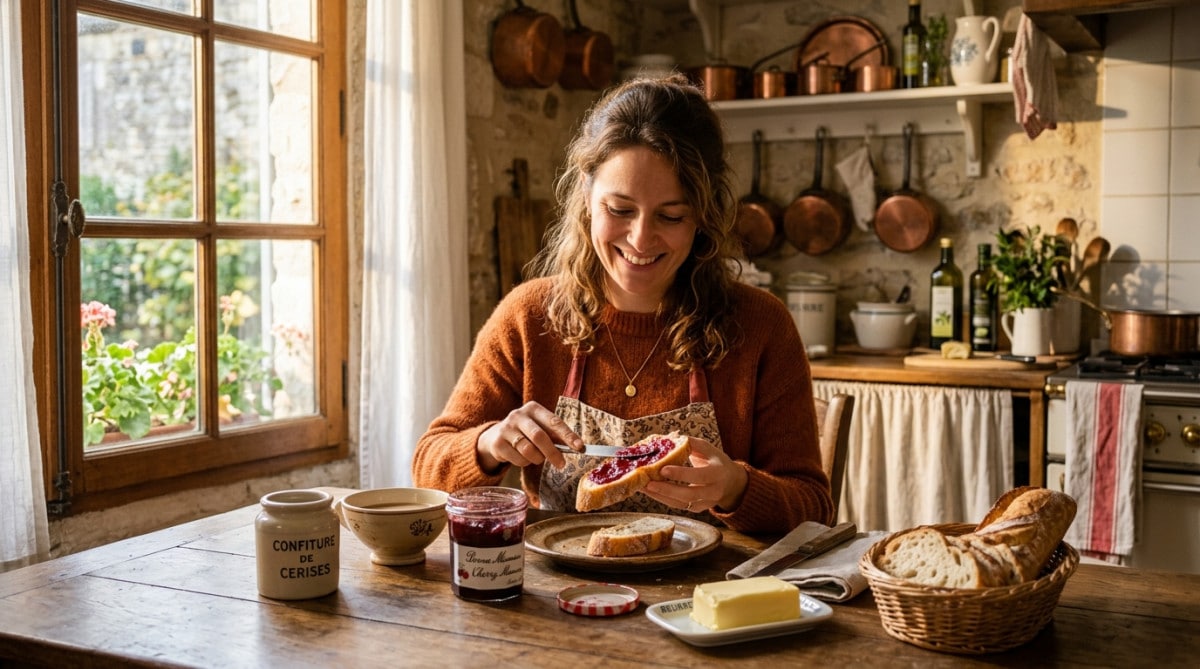 Femme tartinant de la confiture au petit-déjeuner