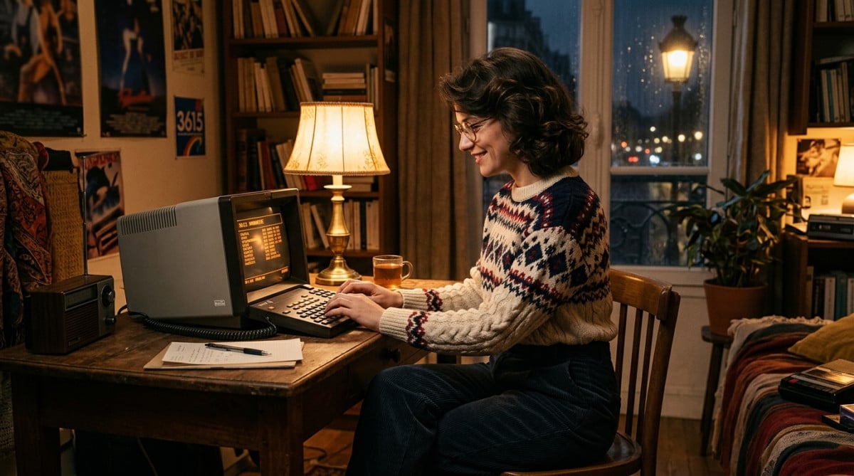 Femme utilisant le Minitel rose la nuit