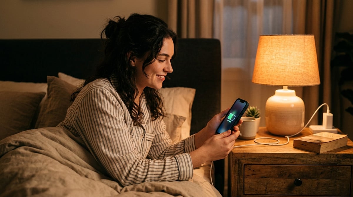 Femme vérifiant la charge de son iPhone la nuit