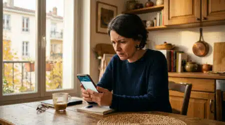 Femme vérifiant ses frais bancaires sur son téléphone