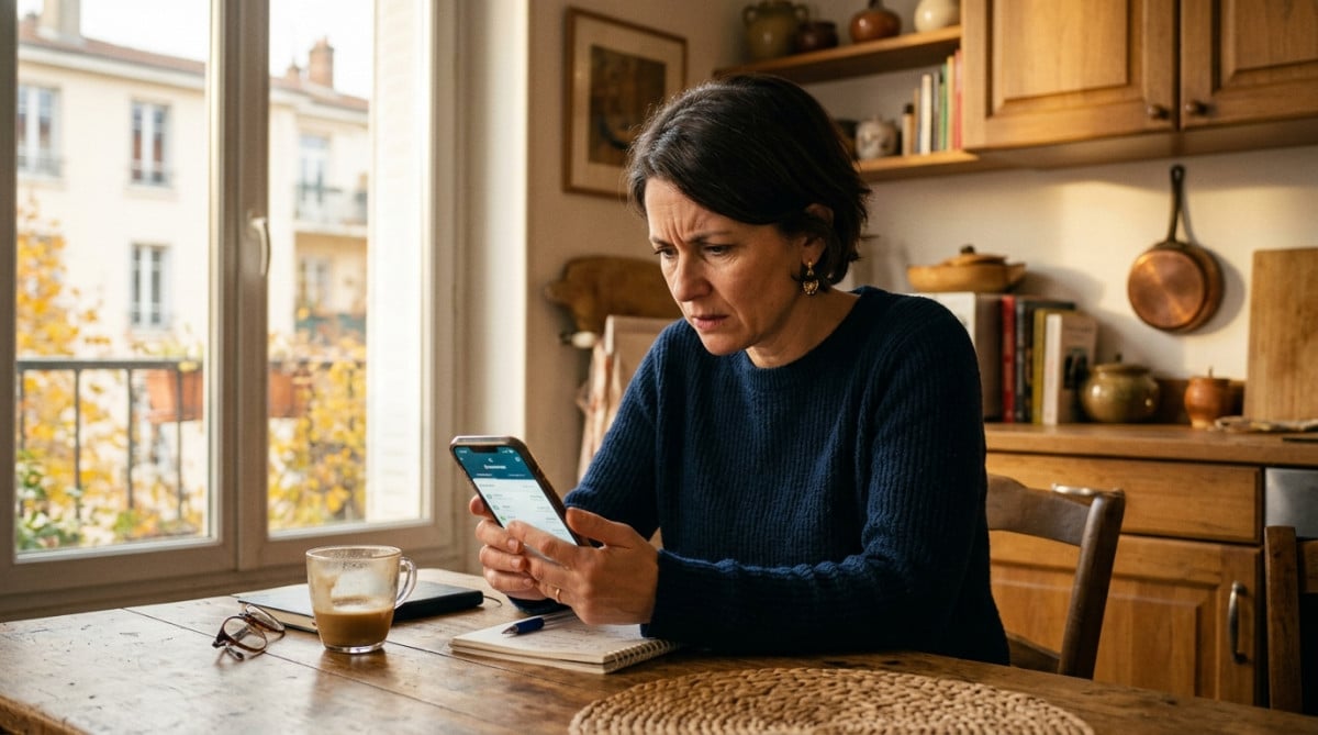 Femme vérifiant ses frais bancaires sur son téléphone