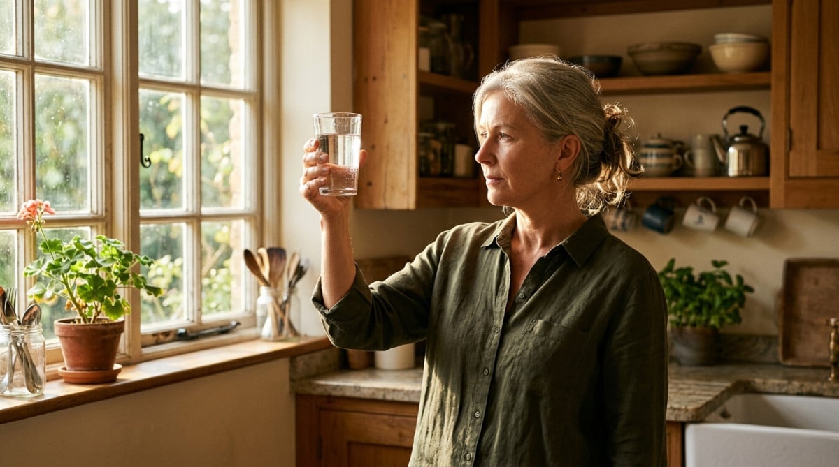 Femme vérifiant son hydratation avec un verre d'eau