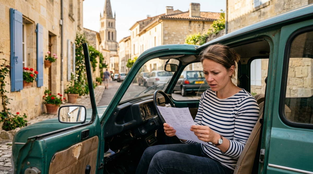 Femme vérifiant une facture dans sa voiture