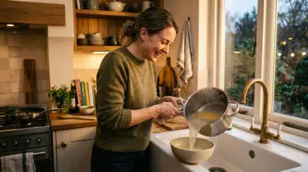 Femme versant l'eau de cuisson des pâtes dans un bol