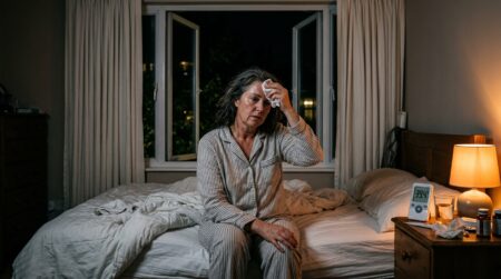 Femme épuisée par la chaleur fenêtre ouverte la nuit