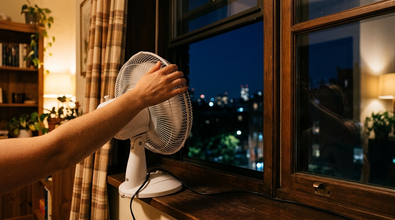 Main repositionnant un ventilateur vers la fenêtre