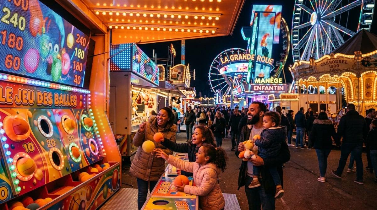 Fête foraine moderne avec jeu d'adresse en mousse en 2026