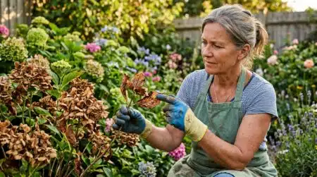 Femme examinant les feuilles brunies d'un hortensia grillé