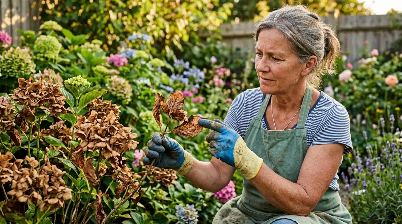 Femme examinant les feuilles brunies d'un hortensia grillé