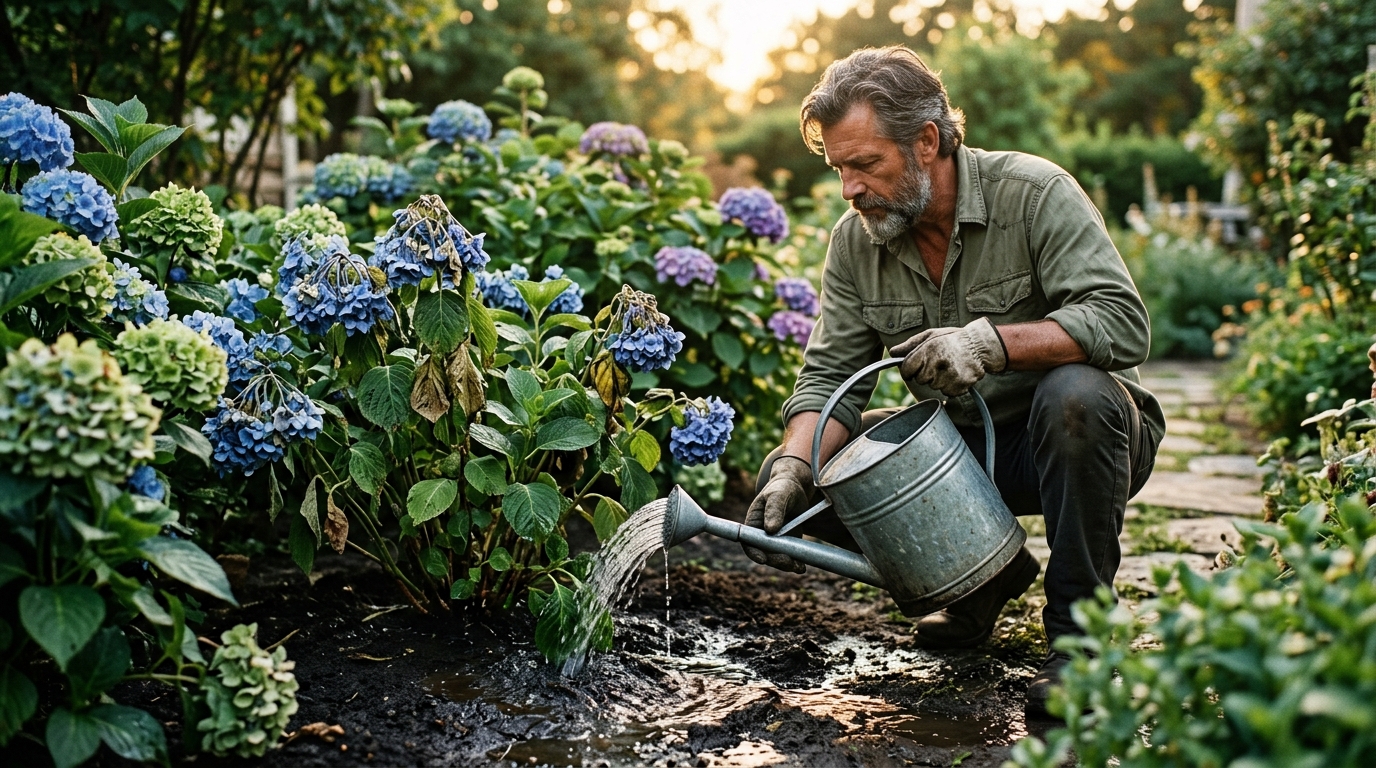Homme arrosant en profondeur la base d'un hortensia