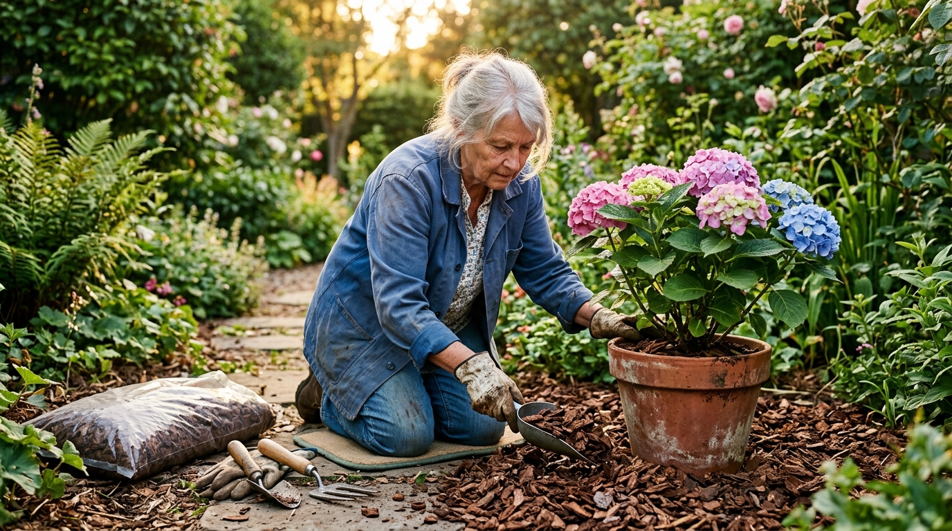 Femme étalant un paillage épais autour d'un hortensia en pot