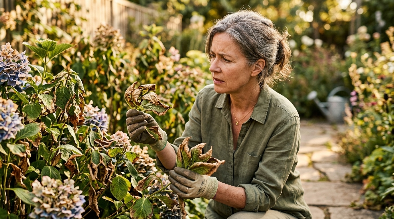 Femme examinant des feuilles d'hortensia brunies par la chaleur