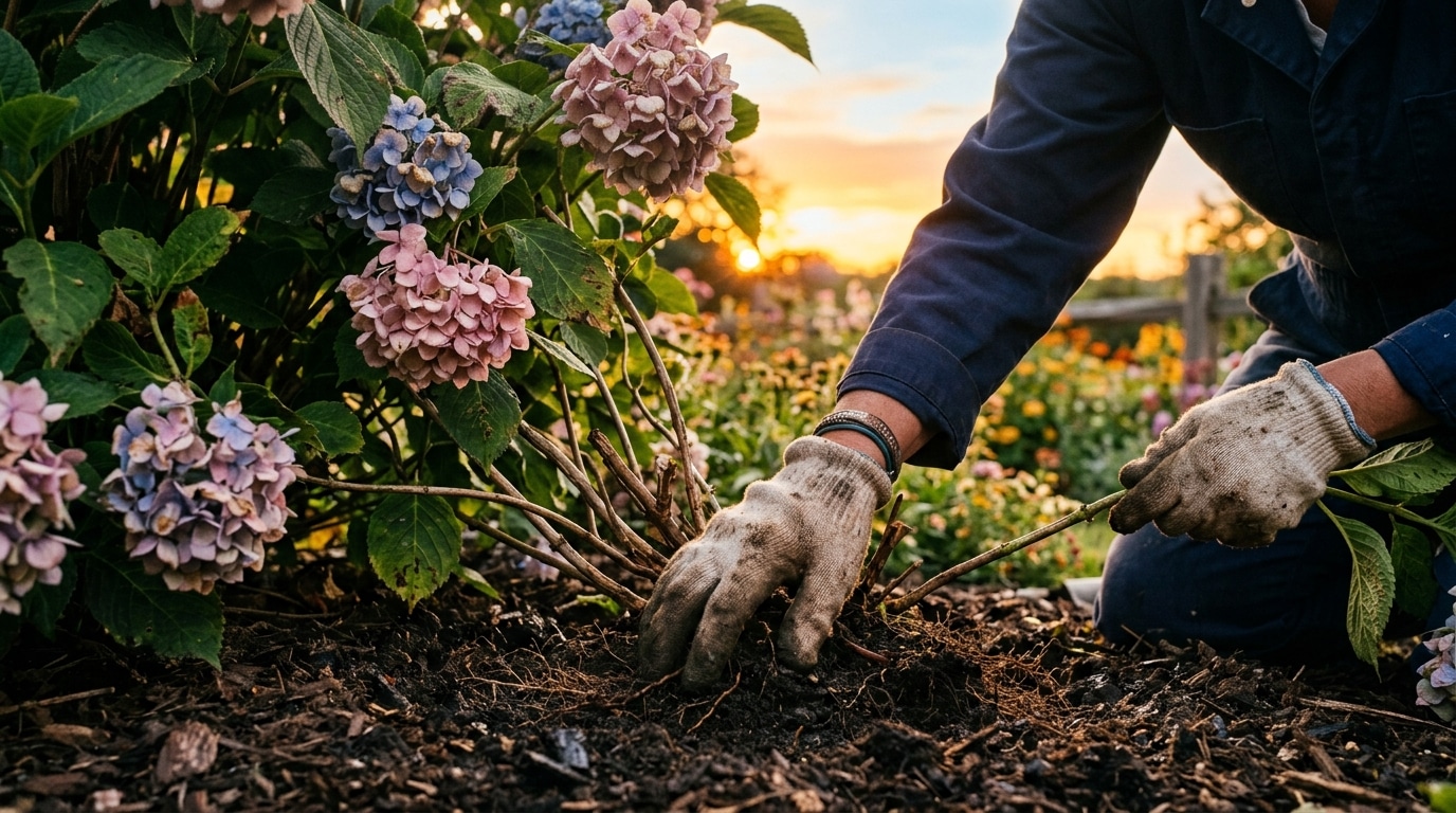 Main vérifiant l'humidité du sol autour d'un hortensia