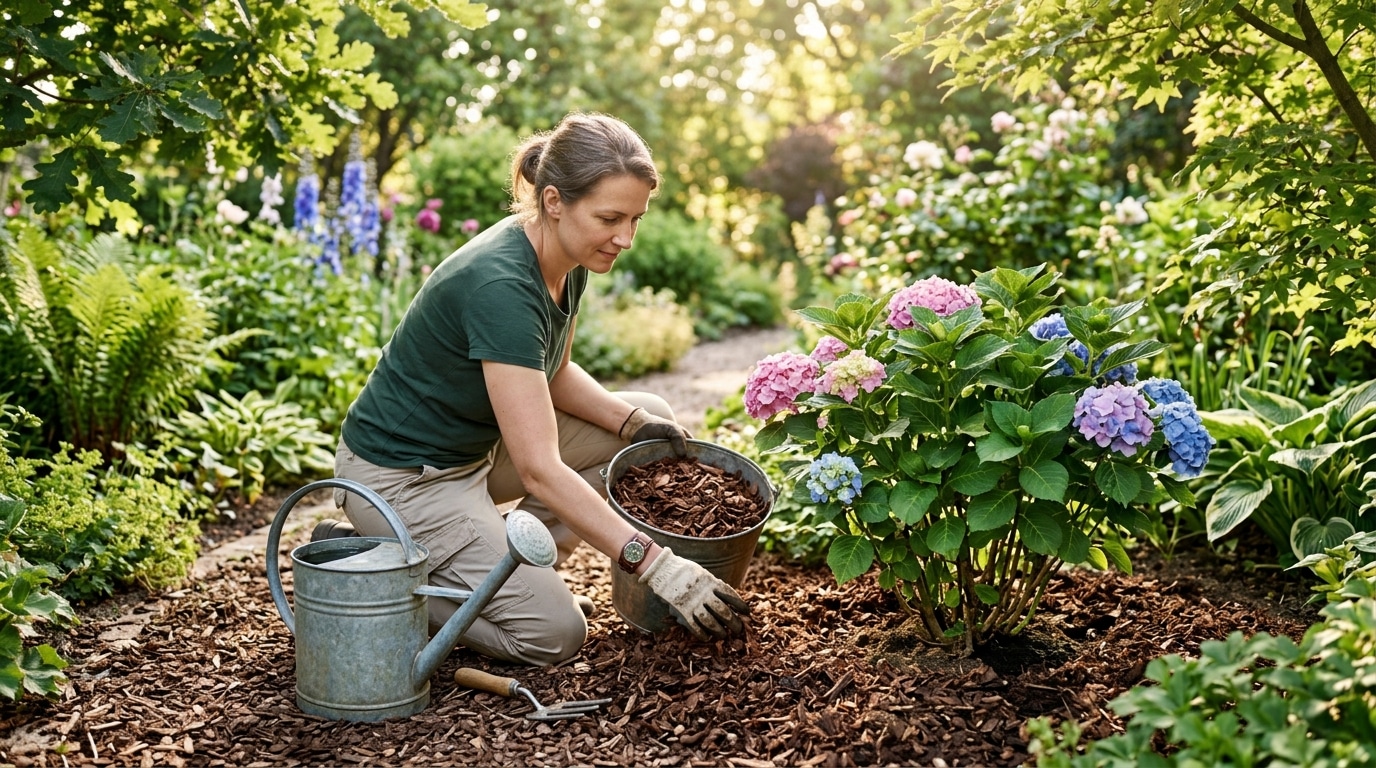 Paillage déposé au pied d'un hortensia dans le jardin
