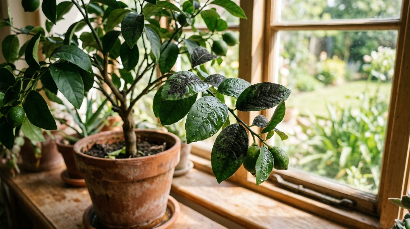 Feuilles de citronnier collantes couvertes de suie noire