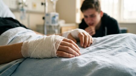 Mains bandées d'un adolescent hospitalisé après une explosion