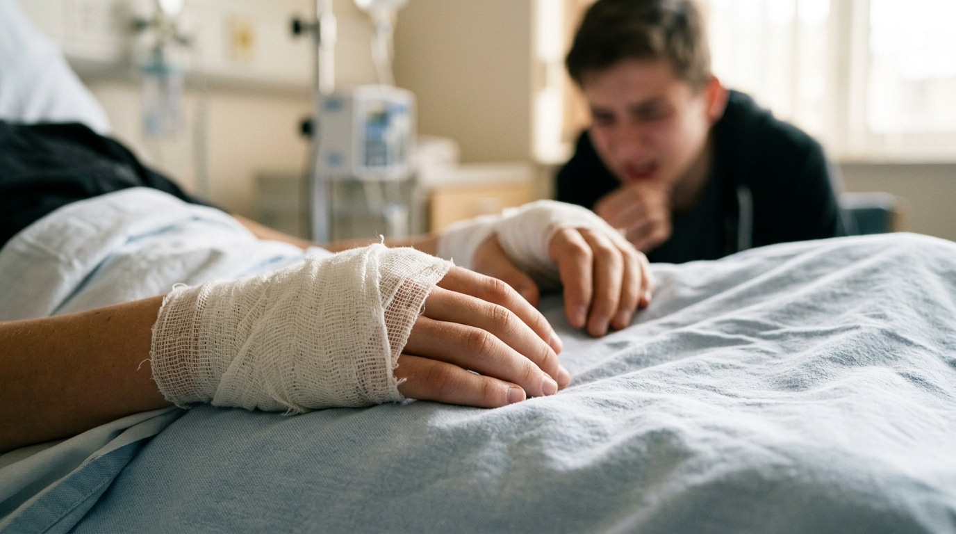 Mains bandées d'un adolescent hospitalisé après une explosion