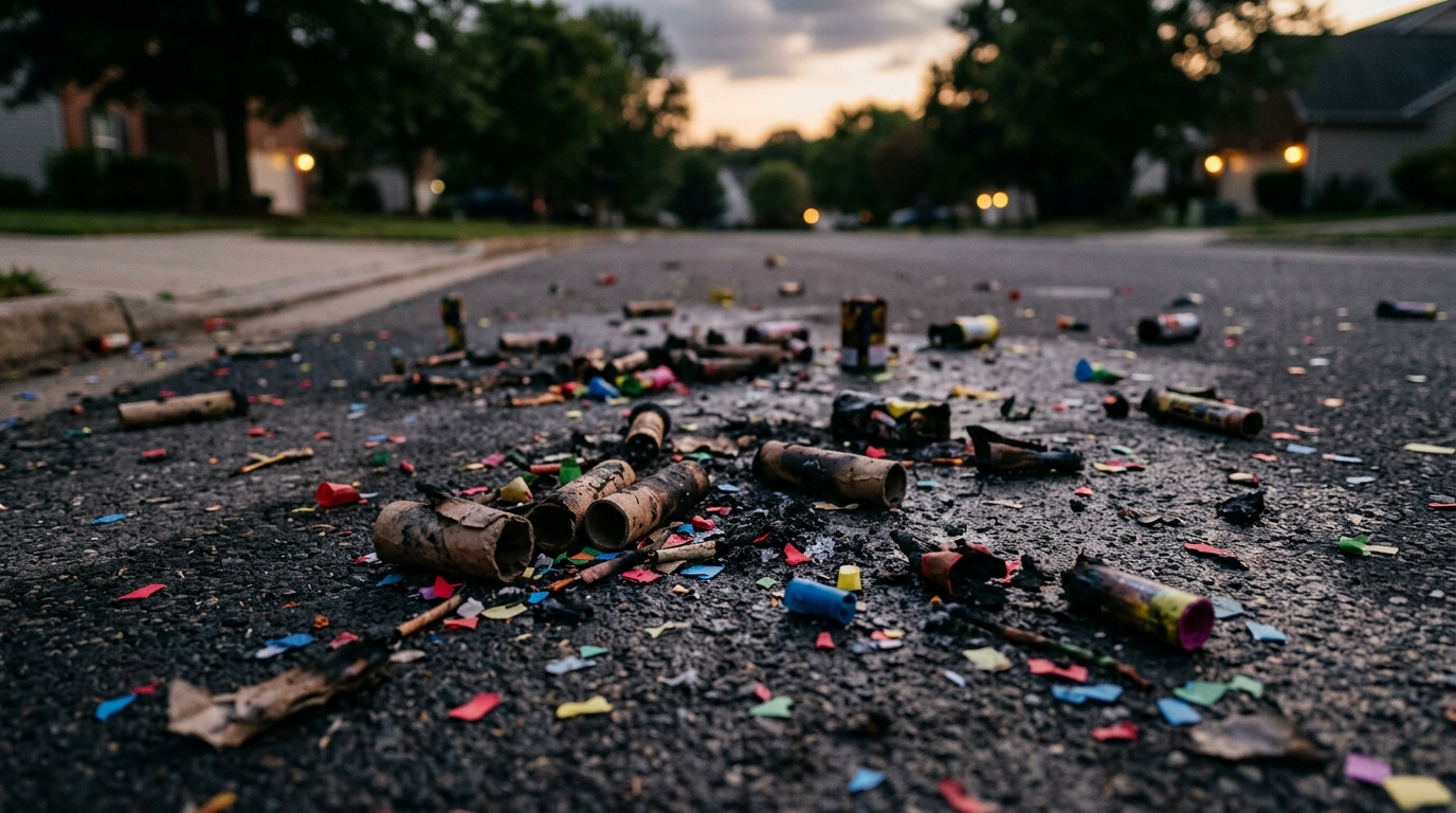 Débris de feu d'artifice illégal sur une rue résidentielle